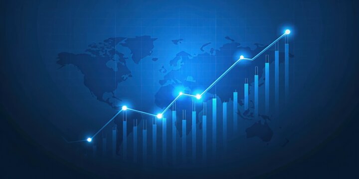 A glowing blue graph with an upward trend over a world map background in a digital illustration