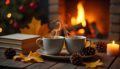 Fototapeta premium Heart-adorned coffee cup on a fireplace, with autumn leaves, books, and candles, creating a cozy, inviting scene