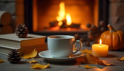 A warm coffee cup with a heart rests on a fireplace, surrounded by autumn leaves, books, and flickering candles
