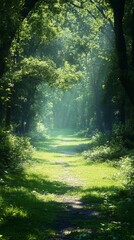Obraz premium Walking Path Through a Green Forest with Sunlight Streaming Through