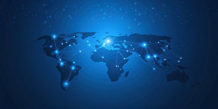 Illuminated world map with network connections on a dark blue gradient background and star like points - Powered by Adobe
