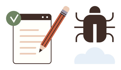 Checklist with pencil symbolizing task completion, bug for debugging or errors, and cloud for cloud-based services. Ideal for software development, code testing, task management, quality assurance