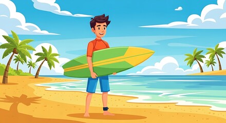 Flat cartoon young surfer holding a surfboard on the beach, summer and sport lifestyle.