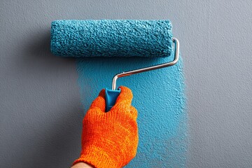 Gloved hand using a paint roller to apply teal paint to a gray wall