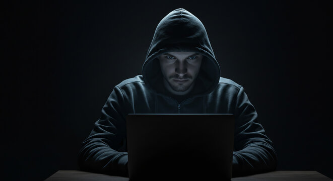 Silhouette of a programmer in a dark room with green code rain - Powered by Adobe