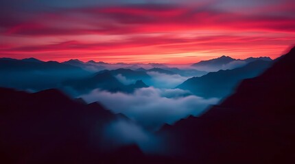 Obraz premium Crimson sky drapes misty mountainscape