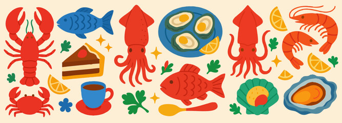 Fototapeta premium Colorful Flat Vector Set of Seafood and Culinary Icons — Lobster, Squid, Fish, Shrimp, Oysters, Dessert, Lemon, Herbs