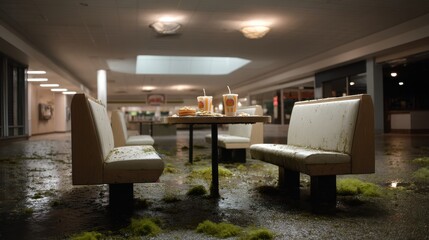 Abandoned mall food court with neglected seating area and debris