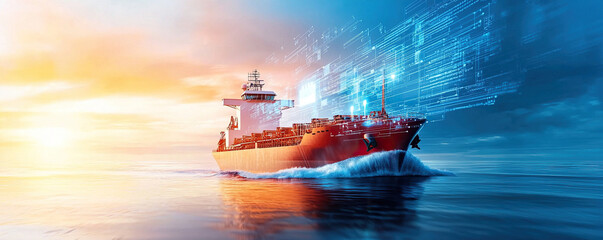 Fototapeta premium Futuristic cargo ship navigates through calm waters, with digital elements symbolizing advanced technology and logistics. vibrant sunset enhances scene dynamic atmosphere