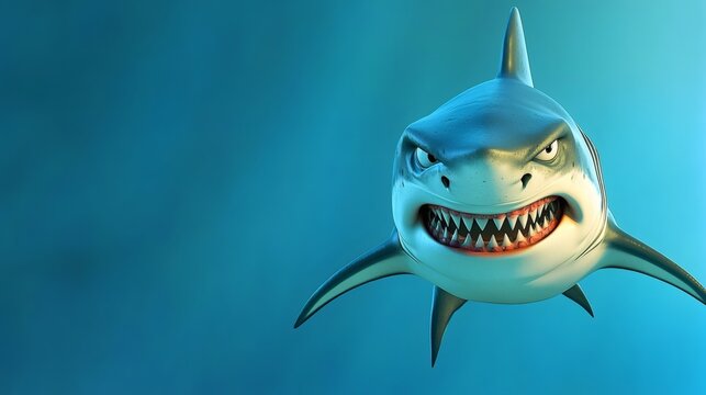 A menacing cartoon shark with sharp teeth and angry eyes