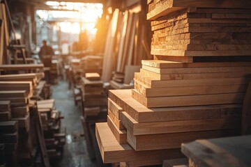Obraz premium Stacks of raw lumber are piled in a woodworking shop with sunlight. It's perfect for construction, furniture, and design industry visuals.