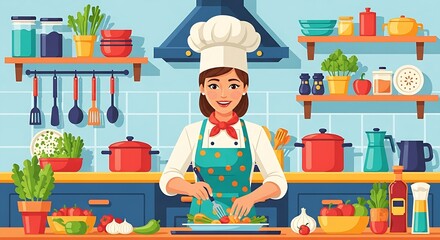 Flat cartoon female chef cooking in a kitchen, culinary and restaurant scene.