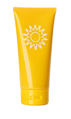yellow sunscreen tube with sun printed on it, isolated PNG transparent background