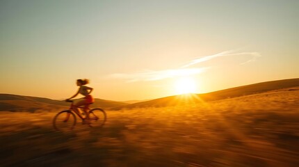 Obraz premium Cyclist conquers sunset golden fields ablaze