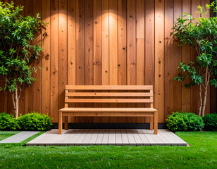 Green scenery with background and wooden bench