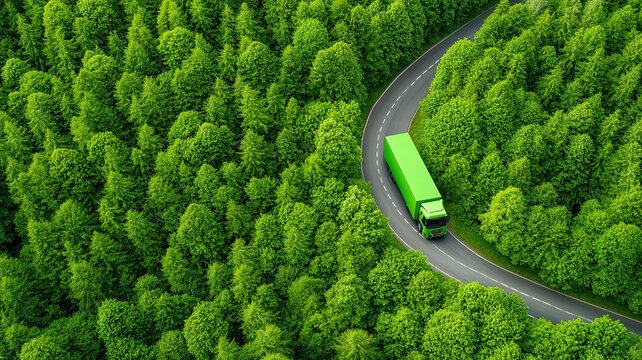 Green truck navigates winding road through lush forest, showcasing sustainable transportation method harmony with nature. vibrant greenery emphasizes eco friendliness and environmental awareness