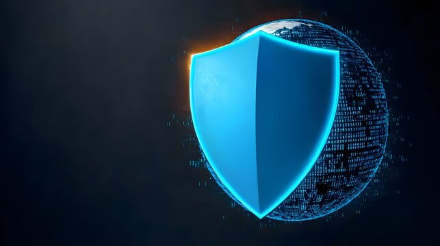 A glowing blue digital shield protects a globe composed of binary code, symbolizing cybersecurity safeguarding global data.