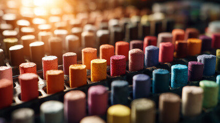 Fototapeta premium Colorful crayons arranged in rows create vibrant display, showcasing variety of hues and textures, evoking creativity and inspiration