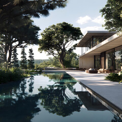 Obraz premium Luxurious Modernist Villa with Expansive Glass Facades Amidst Lush Landscape Reflecting Tranquility and Elegance