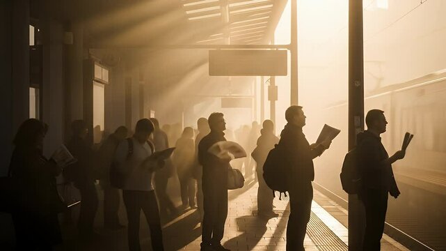 Sunrise at the train station platform people waiting in the early morning light effect heatwave climate global change