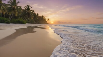 Tropical beach at sunset with soft ocean waves and palm trees