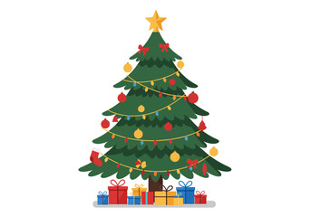 Obraz premium A festive Christmas tree adorned with colorful ornaments, twinkling lights, and a golden star, surrounded by wrapped gift boxes.