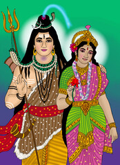 hand drawn digital art lod shiva and goddess parvati