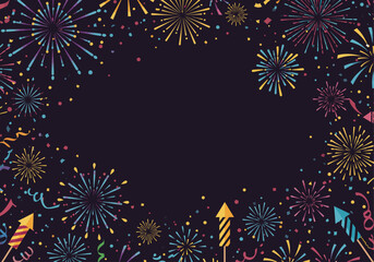 Vibrant fireworks celebration background creating a festive frame. Colorful pyrotechnic illustration for New Year, holidays, and party events.