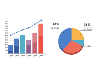 A visual representation of data using a bar chart, line graph, and pie charts demonstrating different percentages and trends.