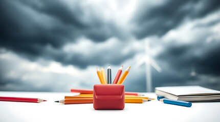 Obraz premium Desk creativity amid stormy skies and energy solutions