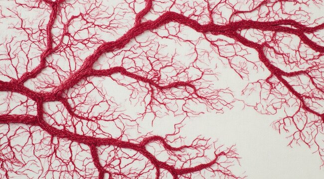 Intricate crimson network resembling a sprawling tree branch system against a muted background.  The deep red lines vary in thickness, creating a textured and organic feel
