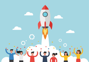 A diverse team of people celebrates with confetti as a rocket launches into the sky, symbolizing a successful startup or project launch.