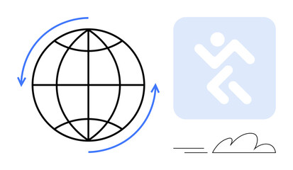 Globe with circular arrows symbolizing global interaction, accompanied by a figure denoting activity. Ideal for networking, globalization, mobility, progress, innovation, teamwork, partnership