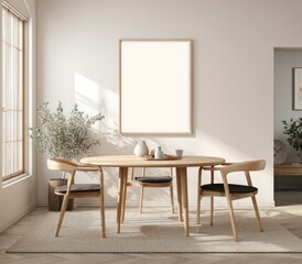 Sunlit minimalist dining room with round wooden table, four chairs, and a large blank frame on the wall, showcasing a serene and calming atmosphere