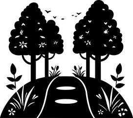 Whimsical Forest Path Illustration with Trees, Flowers, and Birds in Vector Style