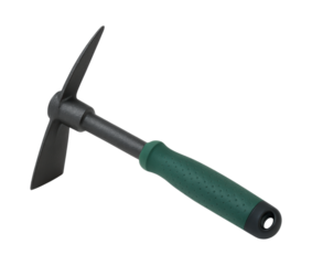 Heavy Duty Garden Pickaxe Tool with Ergonomic Green Handle, Ideal for Digging and Landscaping, Isolated on Transparent and White Background
