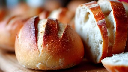 A close-up shot freshly baked artisan bread rolls, showing golden-brown crust soft white interior. One roll sliced, revealing texture. - Powered by Adobe