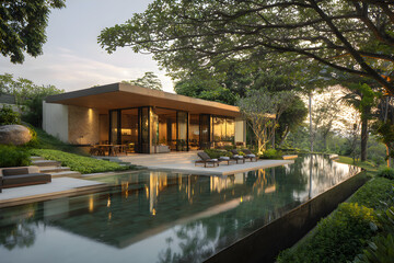 Obraz premium Luxurious Modernist Villa with Expansive Glass Facades Amidst Lush Landscape Reflecting Tranquility and Elegance