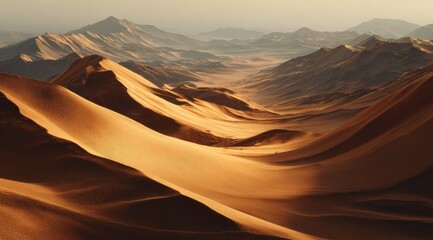 Golden hour illuminates rolling sand dunes and distant mountain ranges in a vast desert landscape, creating a dramatic vista of warm, earthy tones