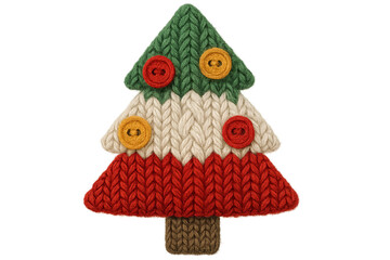 A christmas tree made of knitted material with buttons on a black isolated background close up shot