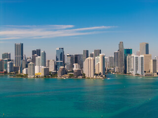 Fototapeta premium Cityscape skyline. Brickell building in Miami downtown. Brickell skyline with skyscraper architecture. City skyline. Panoramic view. Miami from Brickell Key in Florida. Skyscraper in downtown city