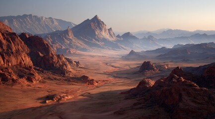 Obraz premium Expansive desert landscape at dawn, showcasing a vast, reddish-brown terrain with rugged mountains and hazy valleys under a soft, pale sky