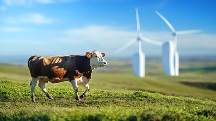 A brown and white cow walks across a green grassy hill