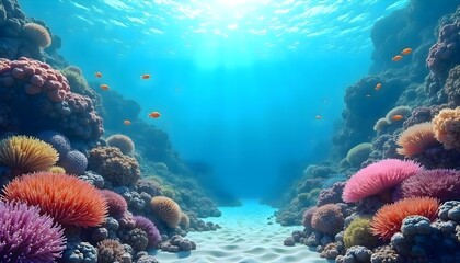 Naklejka premium Bright colorful corals and sea anemones in shallow clear ocean water forming a vibrant underwater scene full of marine life