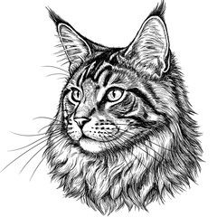 Maine Coon cat detailed sketch with expressive eyes. Majestic maine coon portrait illustration shows elegant feline face. Detailed sketch captures fur texture and intense gaze.