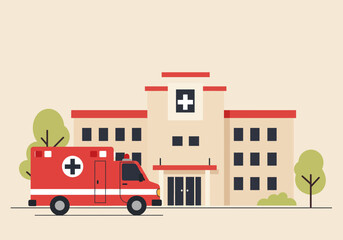 Fototapeta premium Red Emergency Ambulance Vehicle Arriving at Hospital.