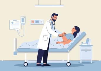 Fototapeta premium Doctor Examining Patient with Stethoscope in Hospital Bed Medical Checkup.