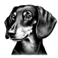 Black and white engraving headshot illustration of a Dachshund dog. Detailed dachshund portrait in classic engraving style, showcasing friendly expression and soft fur texture.