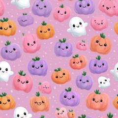Obraz premium Colorful Halloween Pattern with Cute Pumpkins and Ghost Characters