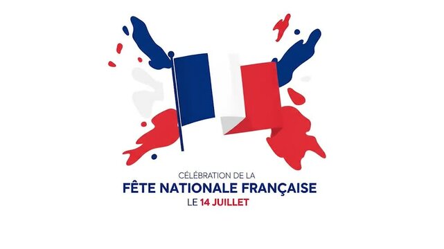Festive graphic celebrating Bastille Day with the French flag and geometric shapes.
